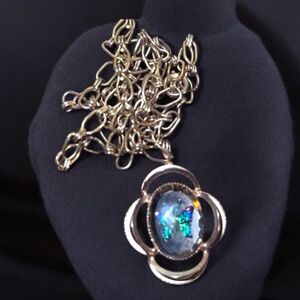 Vintage Lucite Gold Tone Reverse Painted Butterfly Pendant Chain Necklace